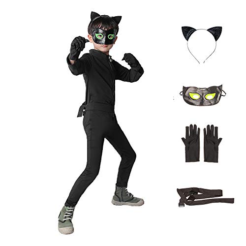 Disfraz de Cat Noir Niños, Máscara Diadema Manga Larga Monos Actuación Cumpleaños Halloween Carnaval Navidad Regalo Cosplay (Negro, Medium)