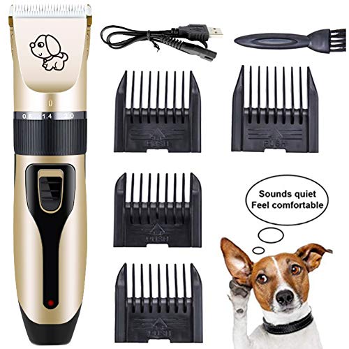 Doubleer Cortapelos para Mascotas para Perros Wiki Recortador de Pelo de Gato - Las Mejores cortadoras de Perros sin Cable de Poco Ruido | Juego de cortapelos Profesional con 4 peines + Cepillo