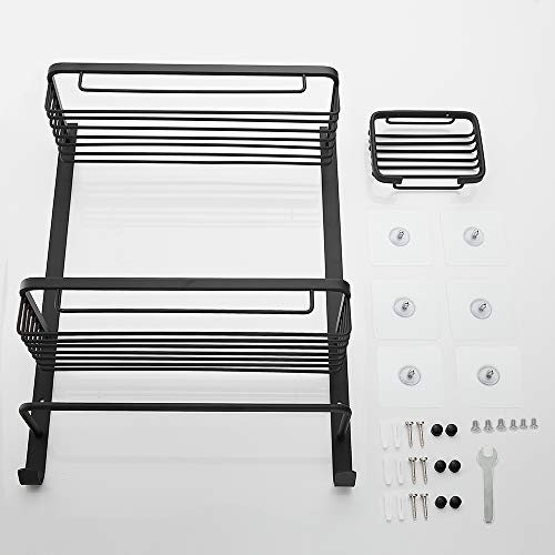 DUFU Estante de Baño de Aluminio Antioxidante Organizador Estante de Ducha de 2 Niveles sin Perforación con Ganchos Toallero y Jabonera Montado en Pared Estantería para Baño con Autoadhesivos
