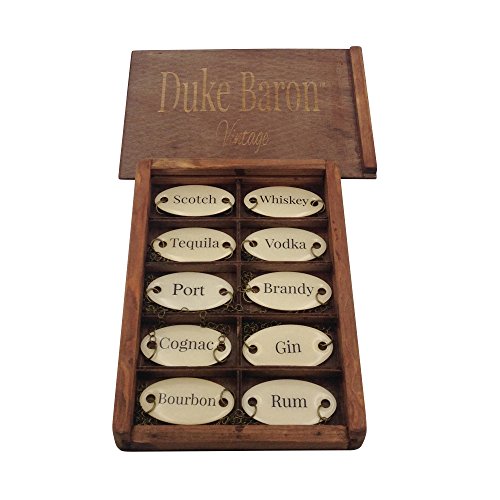 Duke Baron - Etiquetas de Licor Bourbon, Marca, Cognac, Gin, Puerto, Rum, Scotch, Tequila, Vodka y Whisky en Caja de Regalo de Madera, Color Blanco Envejecido/latón