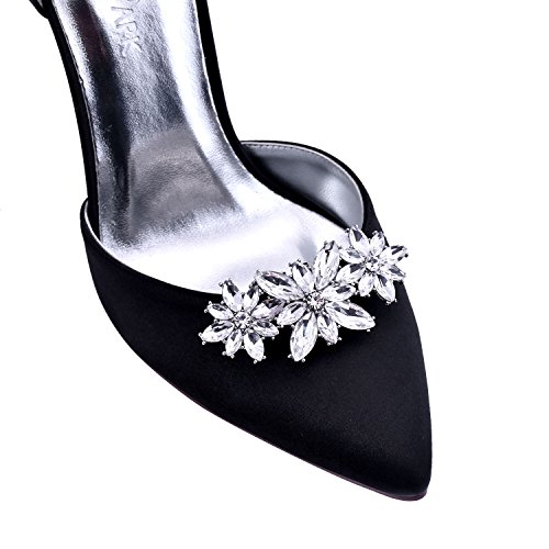 Elegantpark BL 2 Pcs Clips de Zapatos Flor Rhinestones Boda Fiesta Decoración Plata