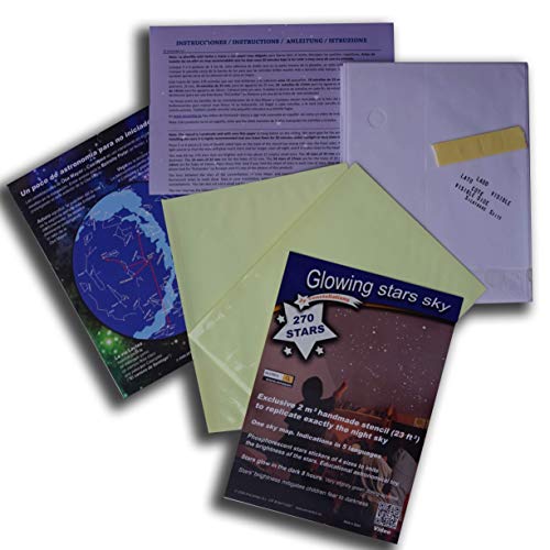 Encambio Alcrea Kit de 270 Estrellas Fluorescentes + Plantilla de 2 m². REPRODUCCIÓN EXACTA del Cielo + Mapa del Cielo con indicaciones. para un Techo o Pared
