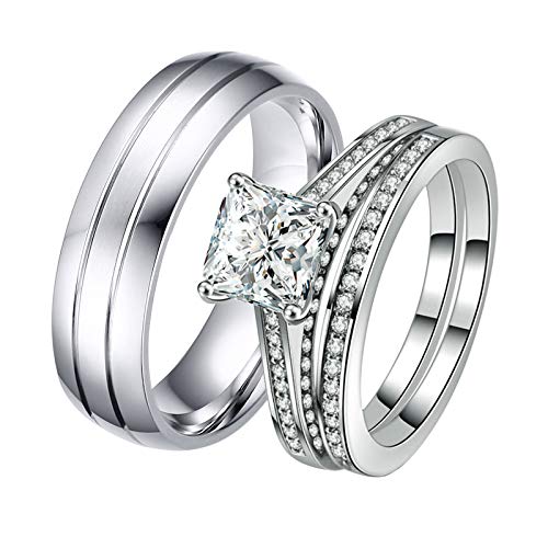 Epinki Anillos de Pareja Circonita Forma Cuadrada Plata Anillo de Compromiso para Parejas Talla Mujer 12 & Hombre 22