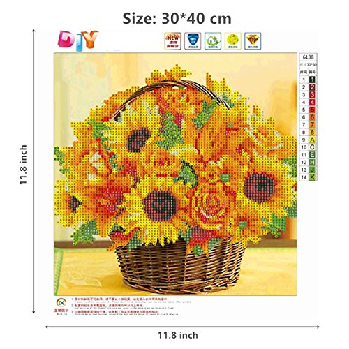 Equipo de pintura por números con brillantes 5D, motivo de cesta de girasoles, con adornos de diamantes de imitación tipo punto de cruz, manualidad para decoración de la pared del hogar 30 x 30 cm