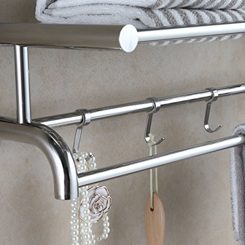 Eridanus Estante de Toallas, Toallero Doble de Acero Inoxidable SUS304 de Pared, Estantería de Almacenamiento para Baño con Barras y Ganchos(60x15x22,5cm)