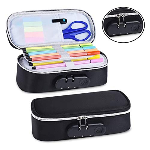 ERTYU Estuche Lápices De Gran Capacidad, Pencil Pouch con Bloqueo De Código Bolsa De Cosméticos Portátil con Compartimentos De 4 Capas Bolsa para Papelería, Portalápices Black