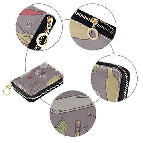 Estuche para Tarjetas Moda Creativa Cartoo Cocina Wok ID/Tarjetero Cuero PU Cremallera Alrededor Tamaño Compacto Tarjeta Monedero para Mujeres Señoras Niñas Cartera Minimalista en acordeón
