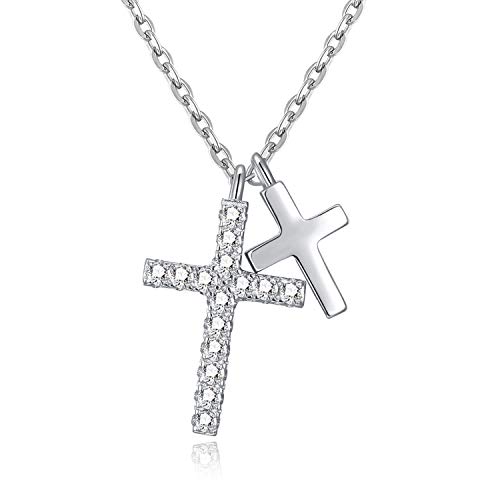 EVBEA Mujer Collar Colgante de Cruz Doble Plata de Ley Circonita Cúbica Joyería Religiosa Regalo de San Valentín para Mujer