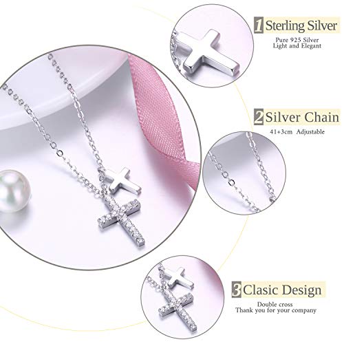 EVBEA Mujer Collar Colgante de Cruz Doble Plata de Ley Circonita Cúbica Joyería Religiosa Regalo de San Valentín para Mujer