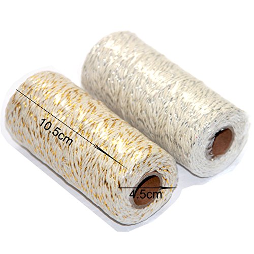 Ewparts 200 Metros Cordón de Hilo de algodón de Color Dorado/Plata 2ply, para el Regalo Que Envuelve/Guita de Las Etiquetas, 2 Rodillos (Guita del algodón del Oro/de la Plata)