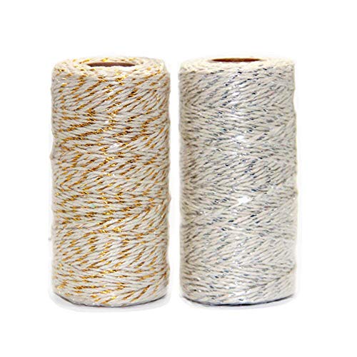 Ewparts 200 Metros Cordón de Hilo de algodón de Color Dorado/Plata 2ply, para el Regalo Que Envuelve/Guita de Las Etiquetas, 2 Rodillos (Guita del algodón del Oro/de la Plata)