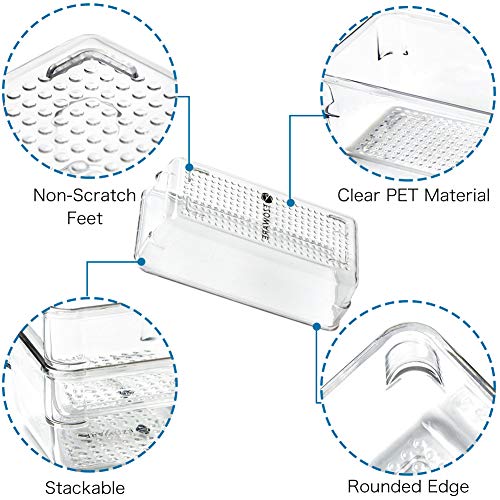 EZOWare Juego de 8 Organizadores de Cajón, Cajas Bandejas de Plástico Transparente Apilables Almacenamiento para Cajones, Escritorio, Cocina, Baño, Maquillaje, Armario - 4 Medidas Estrechos
