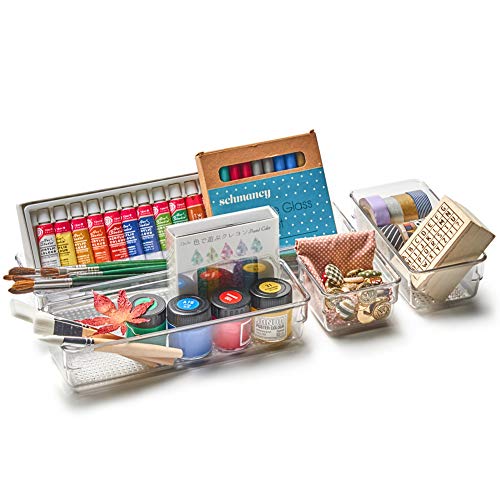 EZOWare Juego de 8 Organizadores de Cajón, Cajas Bandejas de Plástico Transparente Apilables Almacenamiento para Cajones, Escritorio, Cocina, Baño, Maquillaje, Armario - 4 Medidas Estrechos