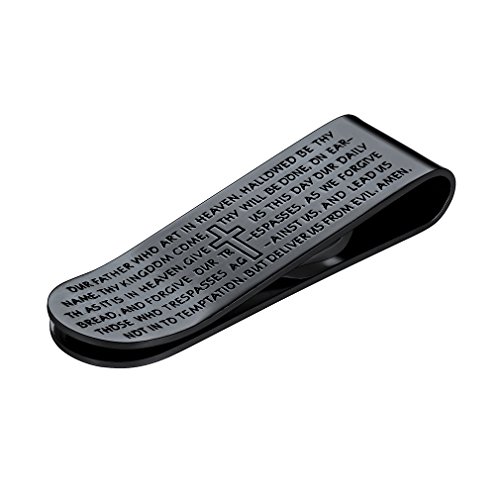 FaithHeart - Clip de Dinero Pinza para Billetes y Tarjetas Acero Inoxidable Negro Accesorio de Equipaje para Hombres Inscripción Biblia Cruz