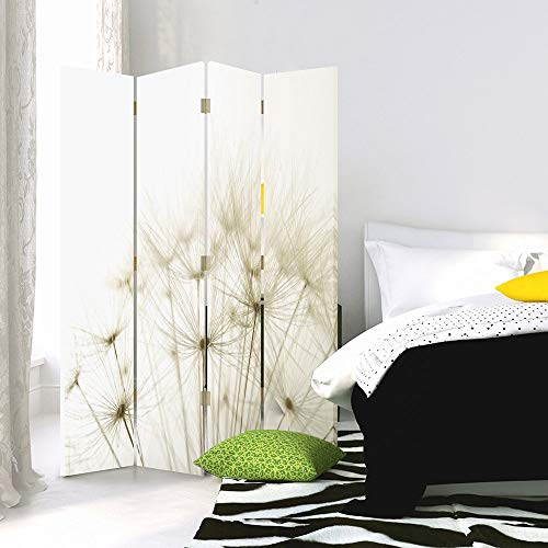 Feeby Frames Biombo Impreso sobre Lona, tabique Decorativo para Habitaciones, a Doble Cara, de 4 Piezas (145x180 cm), Diente DE LEÓN, Naturaleza, Plantas, Blanco