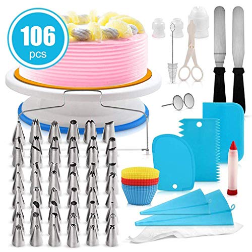 Fgythy 106pcs Decoración de Pasteles Juego de tuberías giratorias de Placa giratoria del Soporte Iping Consejos formación de Hielo de la espátula Bolsos de los Pasteles Hornear Equipo de Herramientas