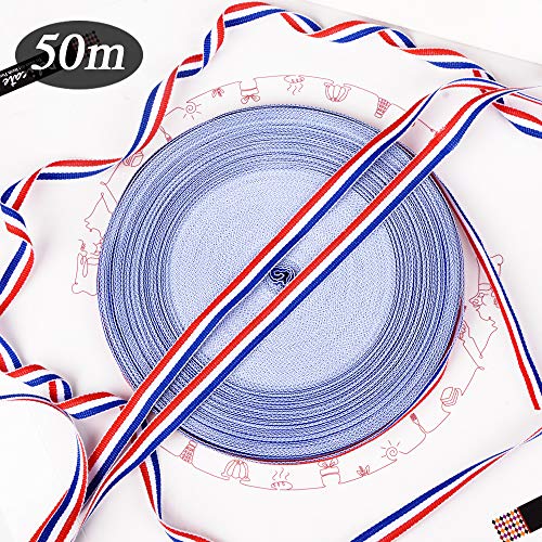 FLOFIA 50m Cinta Francesa Decorativa de Poliéster Tricolor Azul Blanco y Rojo Bobina Cinta Francia de Bandera para Fiesta Celebración Nacional Francesa Pulseras Lazos Artesanía Regalo, 10mm de Ancho