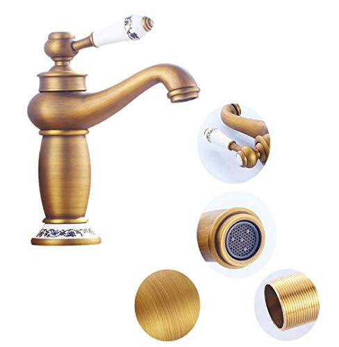 Flor de La Vendimia Sola Manija Faucet Faucet Faucet Latón Agua Caliente Cocina Baño Cuenca decoración Hotel (Antiguo) (19 * 16.5 * 6.4cm / 7.48 * 6.5 * 2.52in)