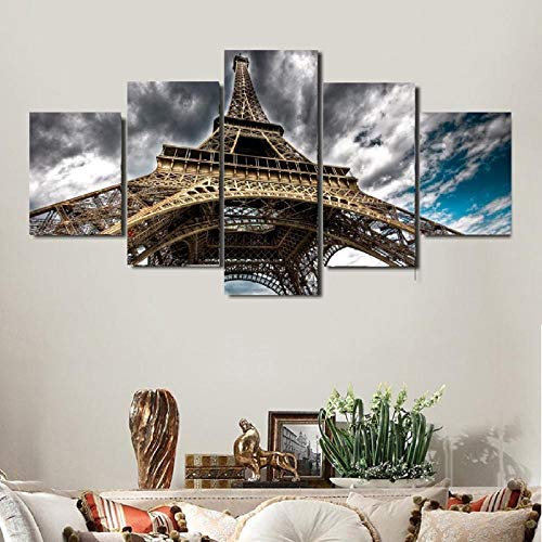 FLSNF Primer Plano De La Torre Eiffel, Obra De Arte Estirada Moderna, 5 Piezas sobre Lienzo, Arte De Pared, Listo para Colgar En La Sala De Estar, Dormitorio, Decoración del Hogar