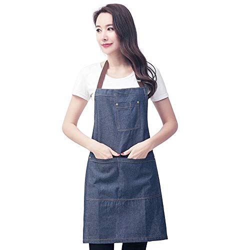 FLZONE Delantal de Mezclilla Delantal de Trabajo Mandil para Mujer y Hombre, Delantales Justable con Bolsillos para Cocina, Restaurante, Cafetería, Barbacoa, Barbería, talla única para todos