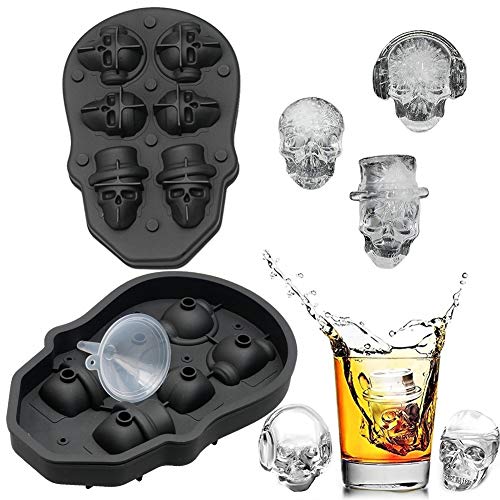 FLZONE Molde de la bandeja del cubo de hielo del cráneo 3D, fabricador de cubitos de hielo de silicona flexible de grado alimenticio para Cocktails, Whisky, Licor y otras Bebidas（Con embudo)