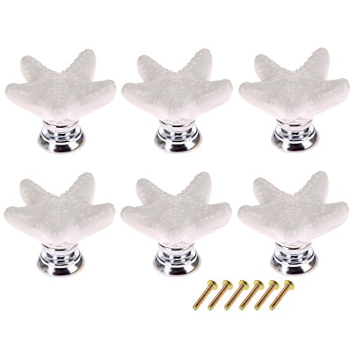 Foxom Pomos de puerta, 6 piezas, pomos creativos de cerámica con forma de estrella de mar, para armarios, cajones, baños y decoración de habitación infantil, cerámica, Blanco, Paquete de 6