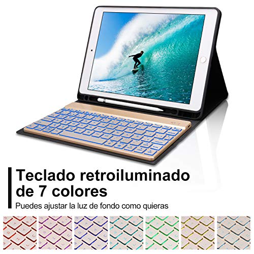 Funda Teclado iPad 10.2 Español,Dingrich Funda Teclado (Incluye Ñ) para iPad 10.2 2019 7 Generación/iPad 8 2020/10.5 2017/Air 3,Bluetooth 7 Colores Retroiluminados Desmontable Auto Dormir/Despertar
