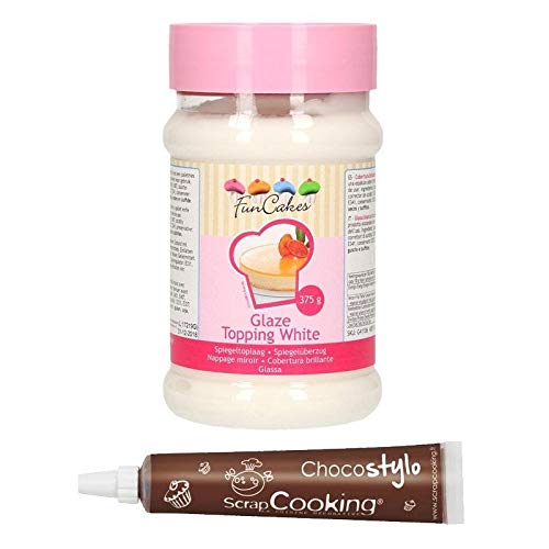 Gel brillante de cobertura pastelera FunCakes 375 g Blanco + Tubo de chocolate para decorar