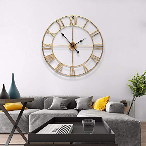 (Gold) - SEJU Large Metal Roman Numeral Wall Clock - Silent Non-ticking Decorative Wall Clock for Cafe Loft Hotel Bar Office Living Room Bedroom Kitchen - Golden 'Iron' (47cm in diameter)