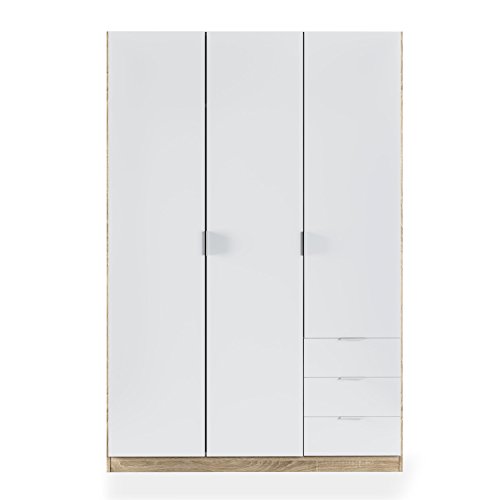 Habitdesign LC1323F - Armario ropero de Tres Puertas y Tres cajones, Medidas 121 cm (Largo) x 180 cm (Alto) x 52 cm (Fondo) (Blanco Artik y Roble Canadian)