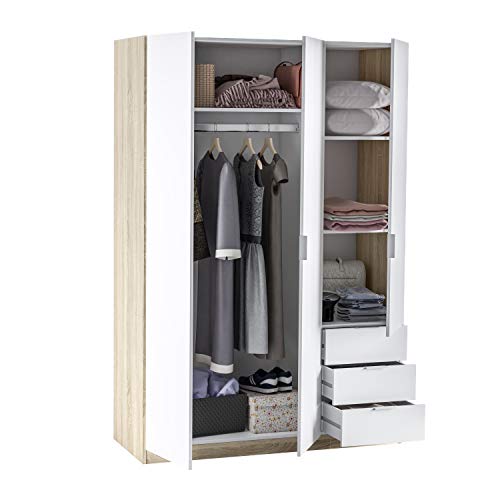 Habitdesign LC1323F - Armario ropero de Tres Puertas y Tres cajones, Medidas 121 cm (Largo) x 180 cm (Alto) x 52 cm (Fondo) (Blanco Artik y Roble Canadian)