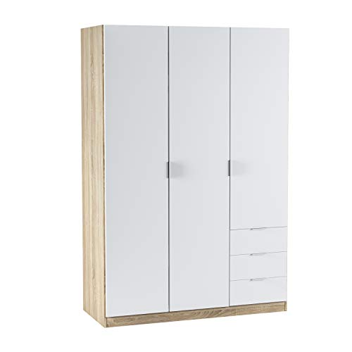 Habitdesign LC1323F - Armario ropero de Tres Puertas y Tres cajones, Medidas 121 cm (Largo) x 180 cm (Alto) x 52 cm (Fondo) (Blanco Artik y Roble Canadian)