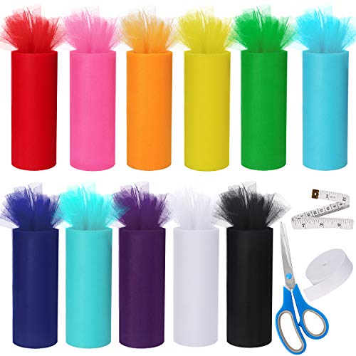Handi Stitch 6 Inch Rollo de Tul 11 Colores - 23m L x 15.2cm W Cada - Rollo Tul Colores del Arcoíris Incluye Tijera de Costura, Cinta de Medir y Cinta Elástica Blanca para Falda Tutu