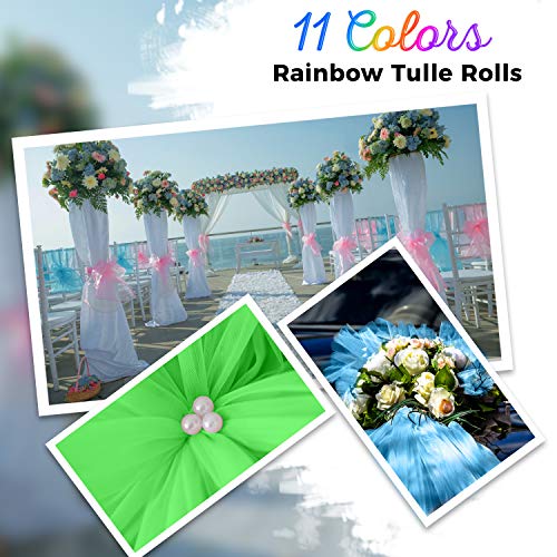 Handi Stitch 6 Inch Rollo de Tul 11 Colores - 23m L x 15.2cm W Cada - Rollo Tul Colores del Arcoíris Incluye Tijera de Costura, Cinta de Medir y Cinta Elástica Blanca para Falda Tutu