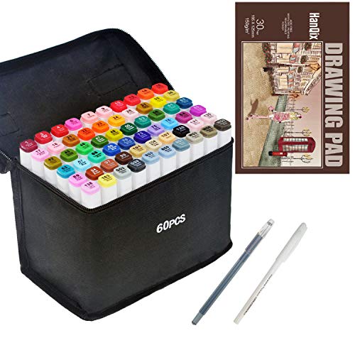HanQix Marker Pen Set Dibujo rotulador Animación Boceto Marcadores Set de Doble Marcador de Punta para el Artista gráfico Manga marcadores de Cepillo (60)