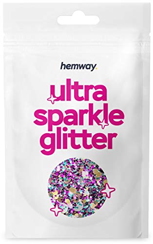 Hemway - Purpurina gruesa en polvo - Ideal para pelo, piel, cara, barba y uñas - Para decoración, manualidades, postales y fiestas - Con discos dorados y plateados - Morado, azul turquesa y negro