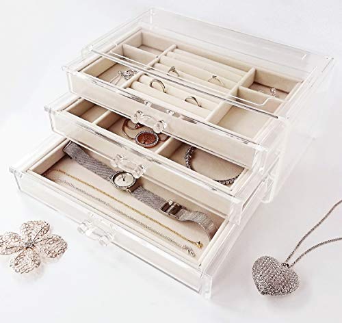HerFav Joyero Organizador para Mujer de 3 Niveles, Transparente Caja para Joyas