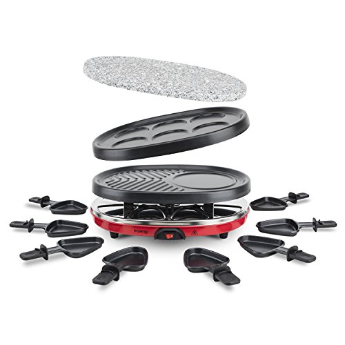 H.Koenig Raclette 8 Personas 4 en 1, Plancha con Piedra Natural, Grill, Crepera, 900 W, Rojo, Negro RP412, Acero Inoxidable