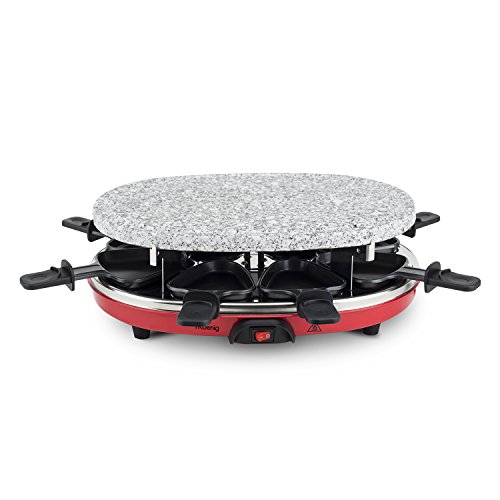 H.Koenig Raclette 8 Personas 4 en 1, Plancha con Piedra Natural, Grill, Crepera, 900 W, Rojo, Negro RP412, Acero Inoxidable