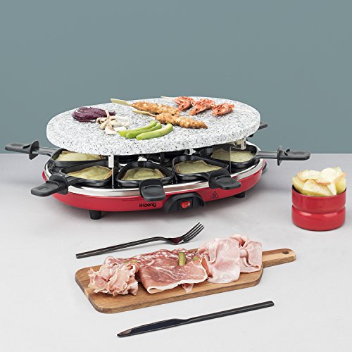 H.Koenig Raclette 8 Personas 4 en 1, Plancha con Piedra Natural, Grill, Crepera, 900 W, Rojo, Negro RP412, Acero Inoxidable