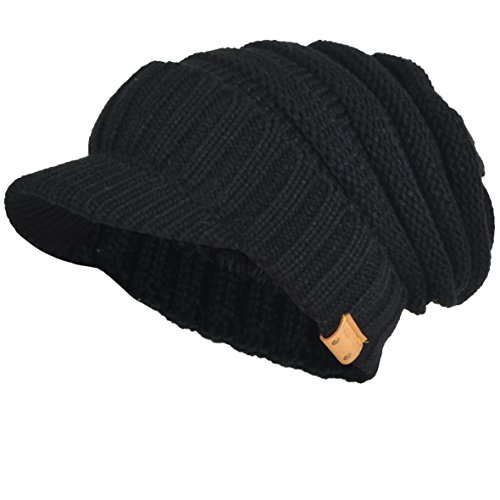 Hombres Mujeres Grueso Lana Forrado Tejer Flexible Gorrita Tejida con Visera (Negro)