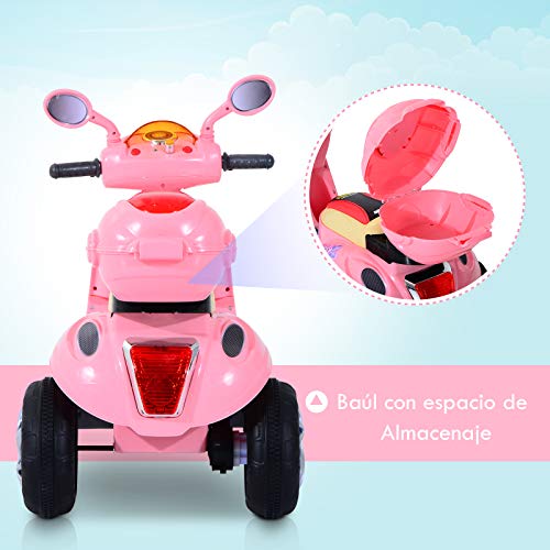HOMCOM Coche Triciclo Moto Eléctrica Infantil Correpasillos a Batería Niños 3-8 años 6V Metal + PP 108x51x75cm Rosa