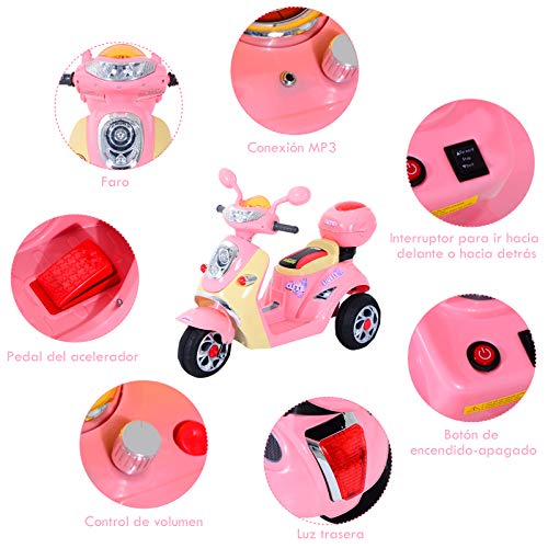 HOMCOM Coche Triciclo Moto Eléctrica Infantil Correpasillos a Batería Niños 3-8 años 6V Metal + PP 108x51x75cm Rosa
