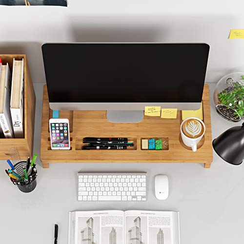 Homfa Soporte para Monitor Soportes para Pantallas de bambú Mesas de Ordenador Organizador de Escritorio para Monitor 60x30x8.5cm