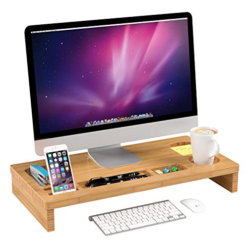 Homfa Soporte para Monitor Soportes para Pantallas de bambú Mesas de Ordenador Organizador de Escritorio para Monitor 60x30x8.5cm