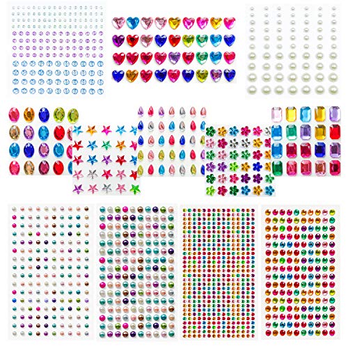 Honmax 12 hoja Diamantes Autoadhesivas, 1309 pieza Pegatinas de Diamantes de Imitación para Niños DIY, Joya de Cristalino Decoraciones para Cara Ojos, Gemas Diamantes para Manualidades Decoraciones