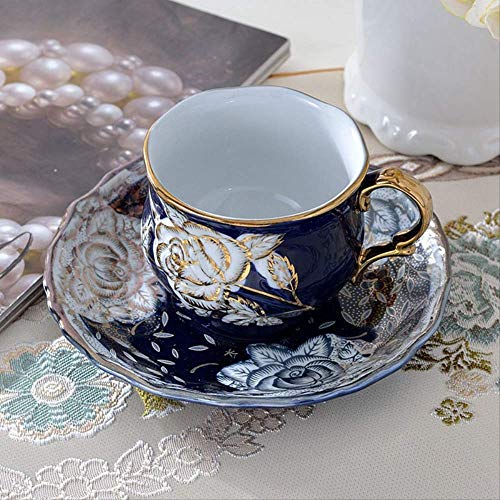 HYOUH Taza de café Taza de Cacao Taza de café Dorada de Color Azul glaseado Europeo con platillo, Plato de Taza de cerámica Retro Tazas de cerámica Taza de niños Vajilla de Oficina 02