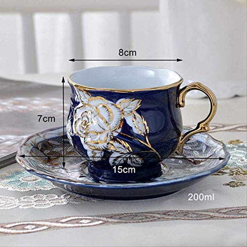 HYOUH Taza de café Taza de Cacao Taza de café Dorada de Color Azul glaseado Europeo con platillo, Plato de Taza de cerámica Retro Tazas de cerámica Taza de niños Vajilla de Oficina 02