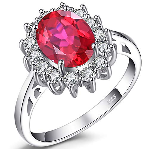 JewelryPalace Anillo de Compromiso Princesa Diana William Kate Middleton 3.2ct Halo Rubi Rojo Oval Creado Plata de ley 925 Tamaño 14