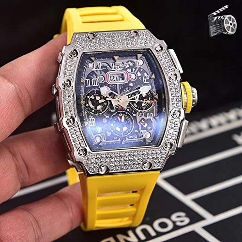 jiao Reloj para Hombre estrenar, Negro, Rojo, Caucho, Reloj para Hombre, Zafiro, automático, mecánico, Gris Plateado, Calendario de Diamante Helado Completo,   Amarillo